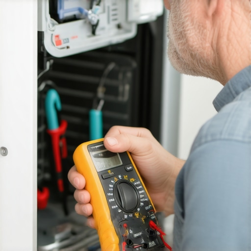 Person testing dishwasher's wiring with a digital multimeter for troubleshooting