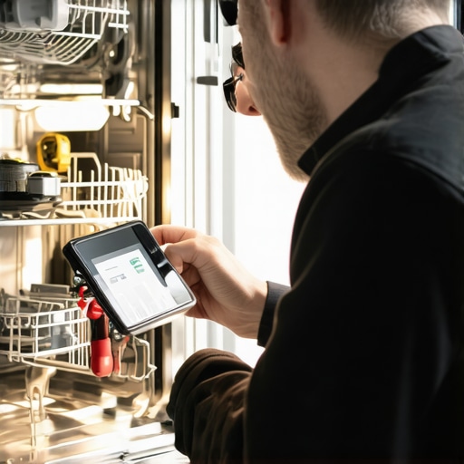 Close-up of a technician inspecting dishwasher parts with an LED-lit mirror.