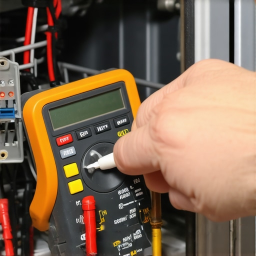 Person testing wires with multimeter, highlighting maintenance importance.