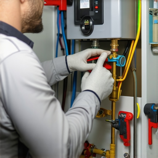 Adjusting a Home Water Heater Thermostat for Optimal Temperature Technician setting a water heater thermostat to 120°F in a utility room.