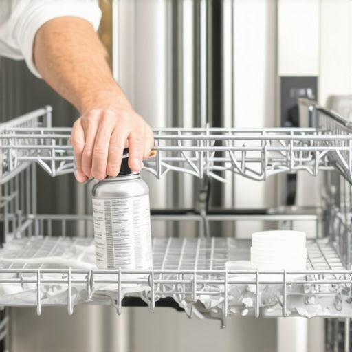 Person spraying rust-proof coating onto dishwasher wire racks in a modern kitchen
