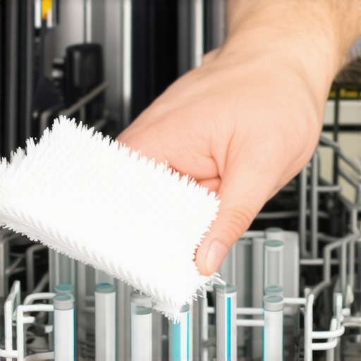 Person cleaning a dishwasher filter with a brush during maintenance.