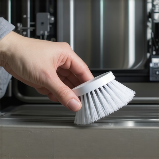Person cleaning the dishwasher air gap with a brush in the sink.
