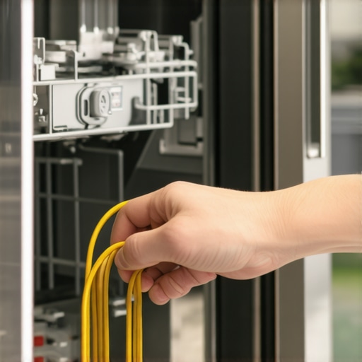 A technician securely attaching a copper grounding wire to a dishwasher's grounding screw in a clean kitchen setting.