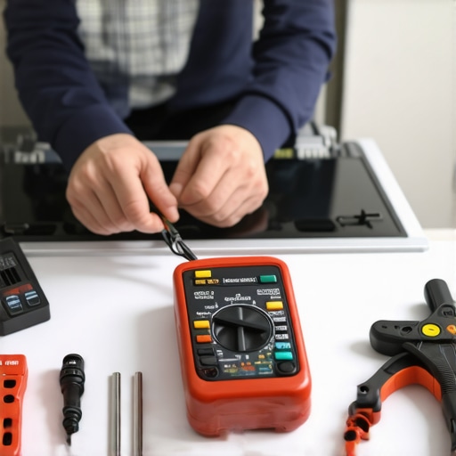 Person measuring electrical components of a dishwasher with a multimeter and screwdriver in hand.