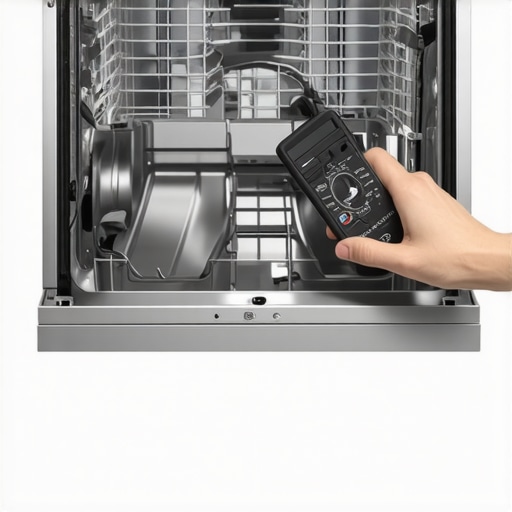 Technician testing dishwasher control panel using multimeter in kitchen.