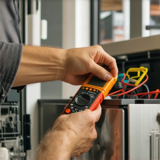 Person testing dishwasher wiring with a multimeter in a modern kitchen.