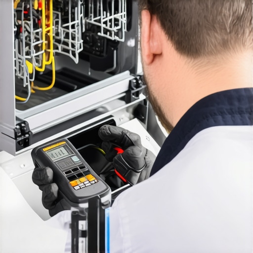 A technician uses a digital multimeter to test a dishwasher's control board in a kitchen.