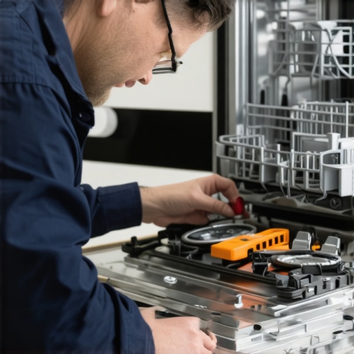 Technician inspecting dishwasher internal parts during maintenance.