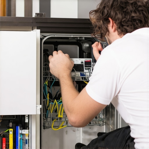 A technician connects a surge protector to a dishwasher power outlet, ensuring safety and proper installation.