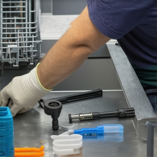 Technician replacing dishwasher water inlet valve with tools