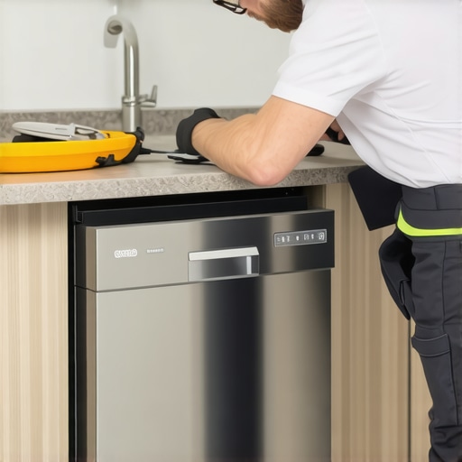 Technician securing a dishwasher beneath a quartz countertop with level tools