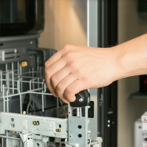 Technician adjusting dishwasher latch for proper alignment