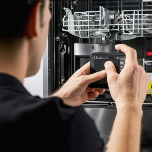 Photograph of a professional taking a detailed photo of a dishwasher's serial number and visible damage for warranty purposes