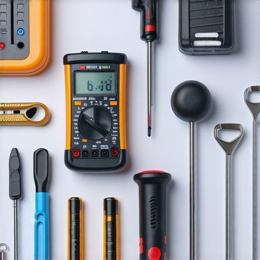A multimeter and screwdriver set arranged near a dishwasher, ready for troubleshooting and repair.