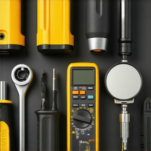 Tools for maintaining a dishwasher including torque wrench, multimeter, and inspection mirror.