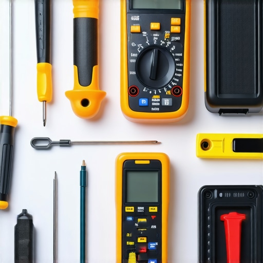 A set of professional tools for dishwasher troubleshooting, including a multimeter, leak detector, screwdriver set, and leveling tool.