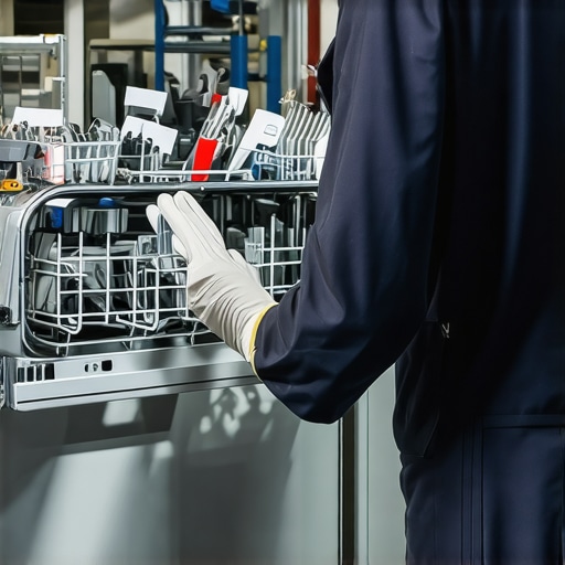 A professional technician reviewing dishwasher parts to ensure warranty standards