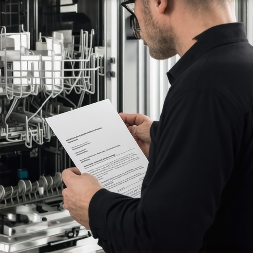 Technician reviewing dishwasher parts and warranty documentation for proper maintenance