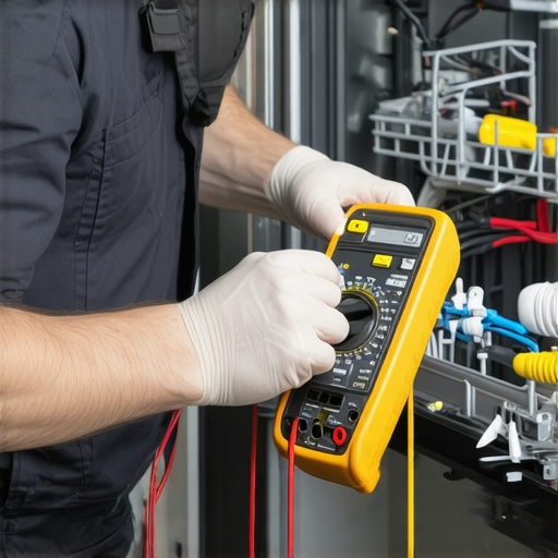 Technician using multimeter on dishwasher wiring for maintenance.