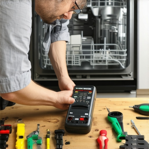Person holding a digital multimeter near a dishwasher control panel, demonstrating troubleshooting techniques