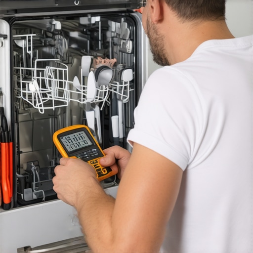 A person checking a dishwasher's components using digital tools in a modern kitchen.