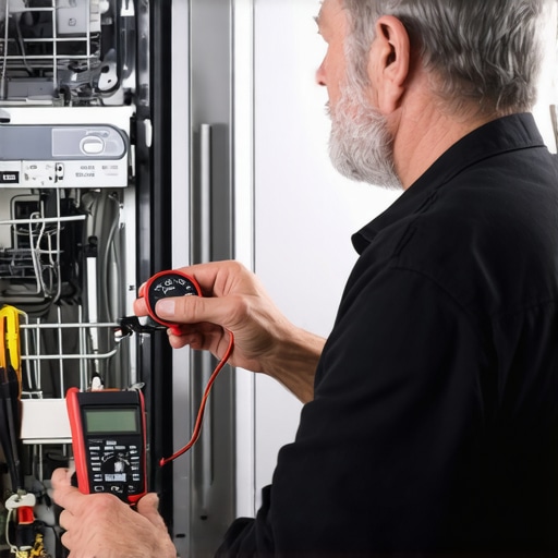 Homeowner using multimeter and level to maintain dishwasher