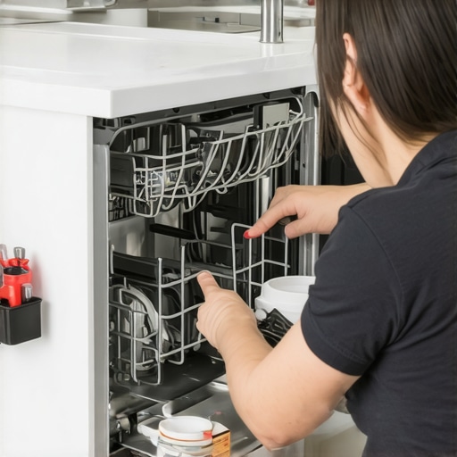 Person checking dishwasher inlet valve and filters with tools in hand