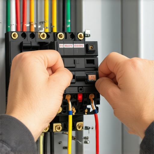 Person wiring a 20-amp breaker into an electrical panel.