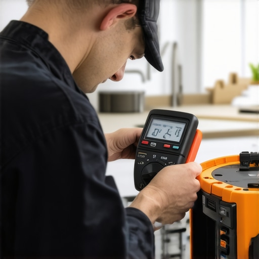 Technician inspecting dishwasher with digital multimeter and inspection camera