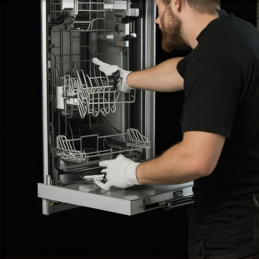 Technician correctly installing dishwasher with secure hoses and leveling