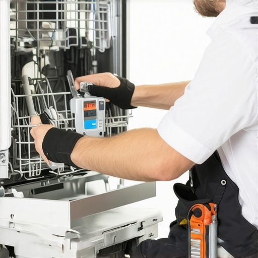 Technician ensuring dishwasher is level and properly connected during installation.