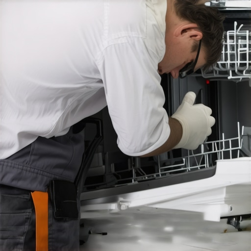 Technician installing a dishwasher with proper leveling and secure connections.