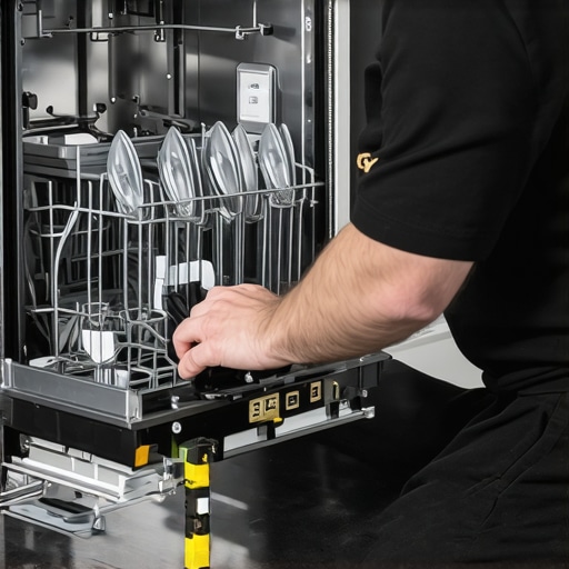 Technician leveling dishwasher with spirit level in a kitchen
