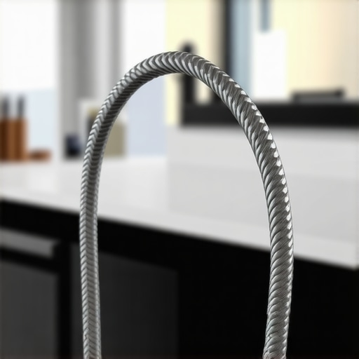 Close-up of a stainless-steel water supply hose being connected to a dishwasher in a kitchen