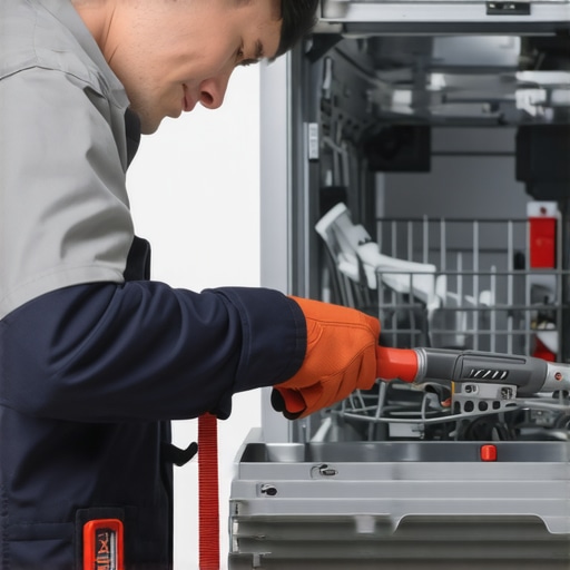 Technician tightening dishwasher fittings with a torque wrench.
