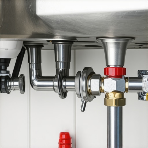 Dishwasher drain hose looped high above the drain connection, secured with clamps under the sink.