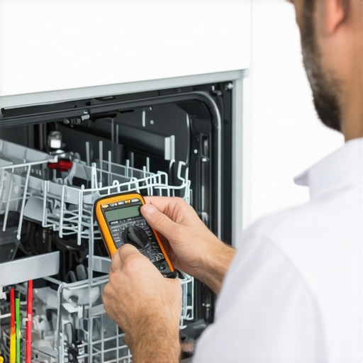 A close-up of a multimeter being used to diagnose a dishwasher's control board in a kitchen