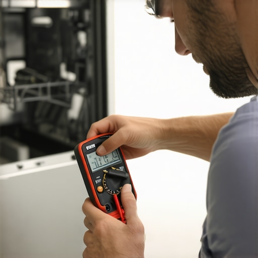 Testing Dishwasher Electrical Components with a Multimeter Person measuring wiring in dishwasher with a multimeter to diagnose electrical issues.