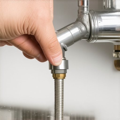 Person tightening a stainless steel dishwasher supply hose under the sink.