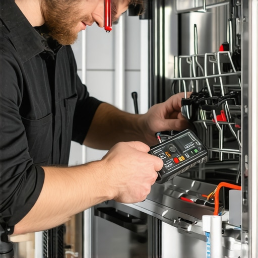 Technician using multimeter and screwdrivers during dishwasher repair