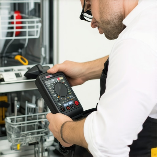 Technician diagnosing dishwasher with multimeter and leak detector in a well-equipped kitchen.
