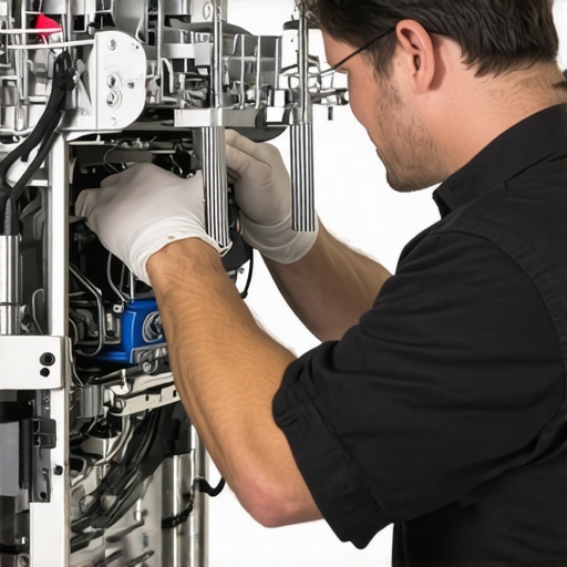 Technician examining dishwasher components for blockages and wear.