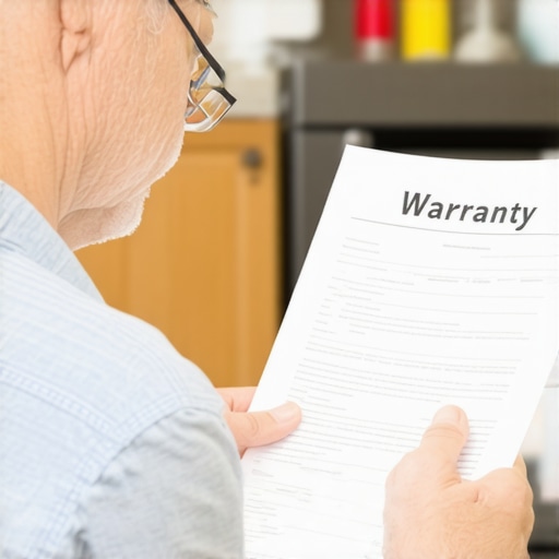 A person reviewing warranty paperwork beside a dishwasher