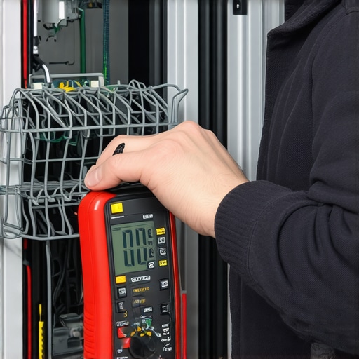 A hand holding a digital multimeter testing dishwasher wiring in a workshop setting.