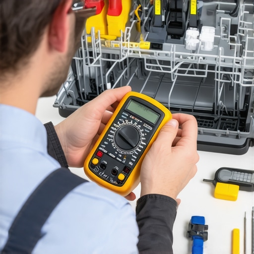 Technician testing dishwasher electrical components with a multimeter.