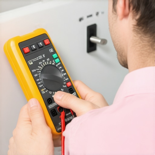 Technician testing dishwasher electrical connections with digital multimeter