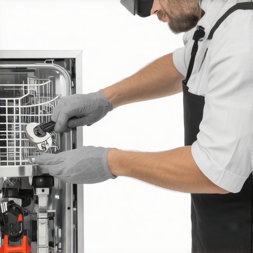 A person tightening a dishwasher connection with a strap wrench, emphasizing proper tool use