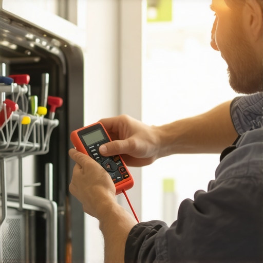 Technician testing dishwasher electrical connection with a multimeter and tightening fittings with adjustable wrench, emphasizing proper tool usage for maintenance