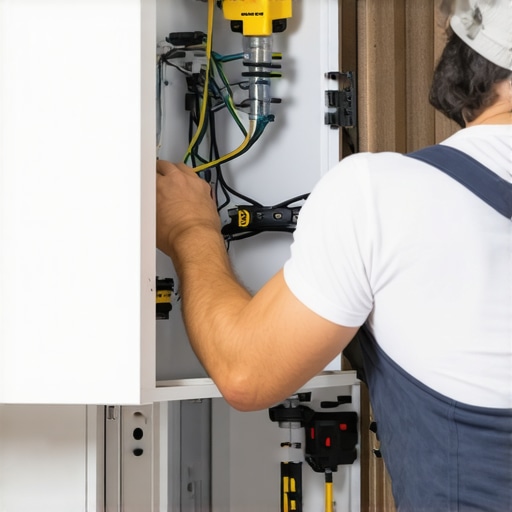 Electrician properly routing electrical wiring through kitchen cabinet for dishwasher installation